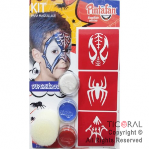 KIT MAQUILLAJE ARTISTICO BLANCO CELESTE Y ROJO (BLISTER 3 UNID - 6 GR) + STENCIL + ESPONJA